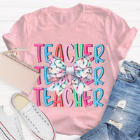 Festive Holiday Coquette Bow Shirt, Christmas Teacher Bow T-Shirt, Adorable Christmas Teacher Graphic Tee, Merry Xmas Educator Top