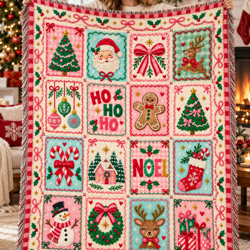 Ho Ho Ho Noel Gingerbread Throw Blanket, Pastel Pink Christmas Sherpa Blanket, Mint Pink Holiday Fleece Blanket