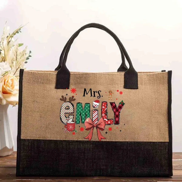 Custom Name Winter Cotton Tote Bag, Personalized Christmas Elk Snowflakes Tote Bag, Holiday Reindeer Canvas Shopping Bag Pres