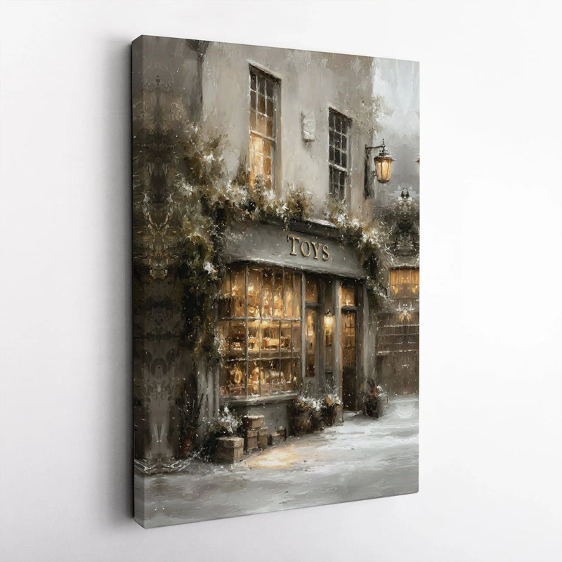 Snowy Christmas Village Wall Art, Vintage Toy Shop Canvas Print, Comfy Winter Holiday Canvas, Xmas Town Print, Nostalgic Canvas Wall Art