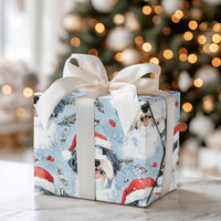 Dog in Santa Hat Gift Wrap, Old English Sheepdog Christmas Wrapping Paper, Holiday Dog Wrapping Paper, Festive Present Wrap