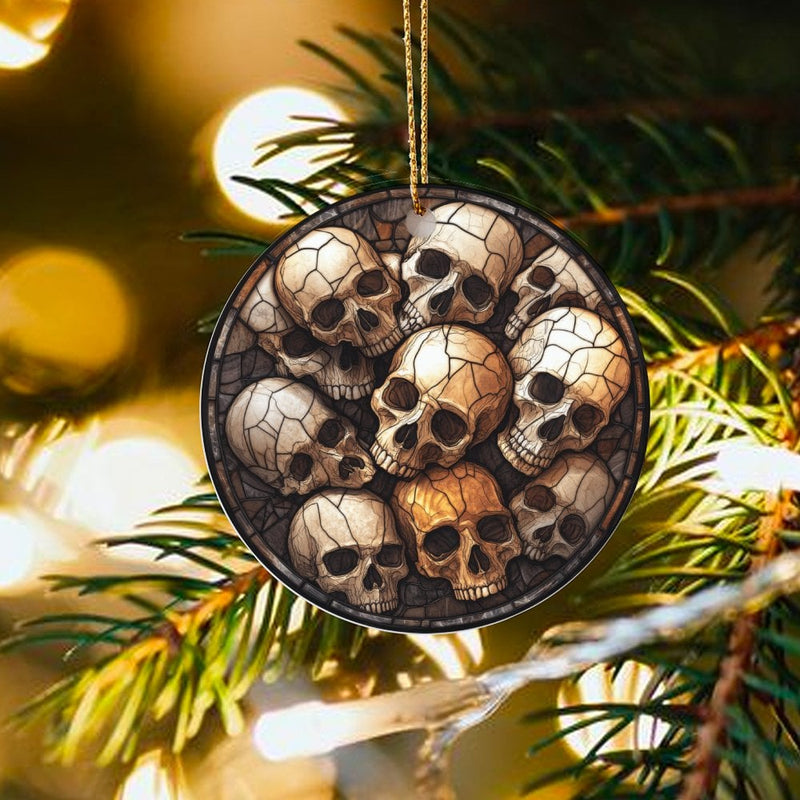 Stained Glass Skulls Tree Ornament, Gothic Skull Christmas Ornament, Dark Academia Ceramic Ornament, Skeleton Spooky Holiday Decor Present