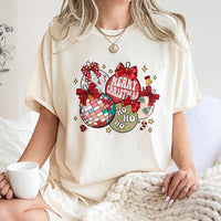Coquette Bow Holiday Graphic Tee, Retro Christmas Ornaments T-Shirt, Vintage Xmas Tree Decor Shirt, Trendy Festive Holiday Top for Women