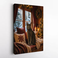 Grey Cat Christmas Cabin Scene Print, Comfy Winter Cat Snowy Window Canvas Wall Art, Holiday Feline Poster, Cat Lover Digital Download