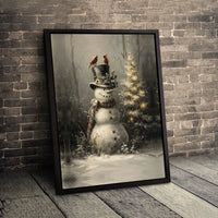 Winter Cardinals Christmas Canvas Print, Vintage Snowman Canvas Wall Art, Rustic Holiday Snowman Canvas Decor, Seasonal Winter Wall Art Present
