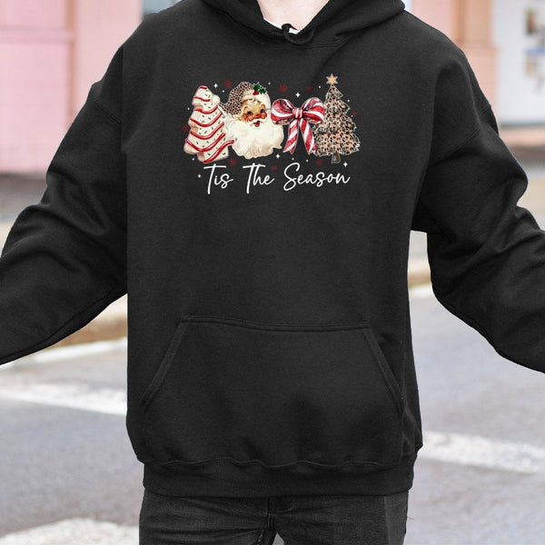 Leopard Print Santa Hat Tree Hooded Sweatshirt, Tis the Season Christmas Hoodie, Preppy Cheetah Xmas Pullover, Festive Winter