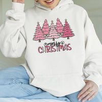 Merry Christmas Leopard Pattern Hoodie, Pink Leopard Christmas Tree Hoodie, Trendy Holiday Sweatshirt, Girly Adorable Xmas Pullover Present