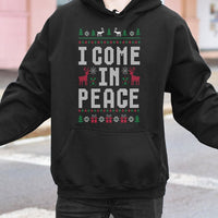 Ugly Christmas Sweater Hoodie, I Come in Peace Hoodie, Humorous Alien Xmas Graphic Sweatshirt, Retro Holiday Season Pullover, Unisex Xmas Present