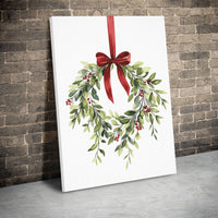 Red Bow Holly Berry Canvas Print, Watercolor Christmas Wreath Canvas Wall Art, Farmhouse Holiday Wall Decor, Winter Season Christmas Canvas