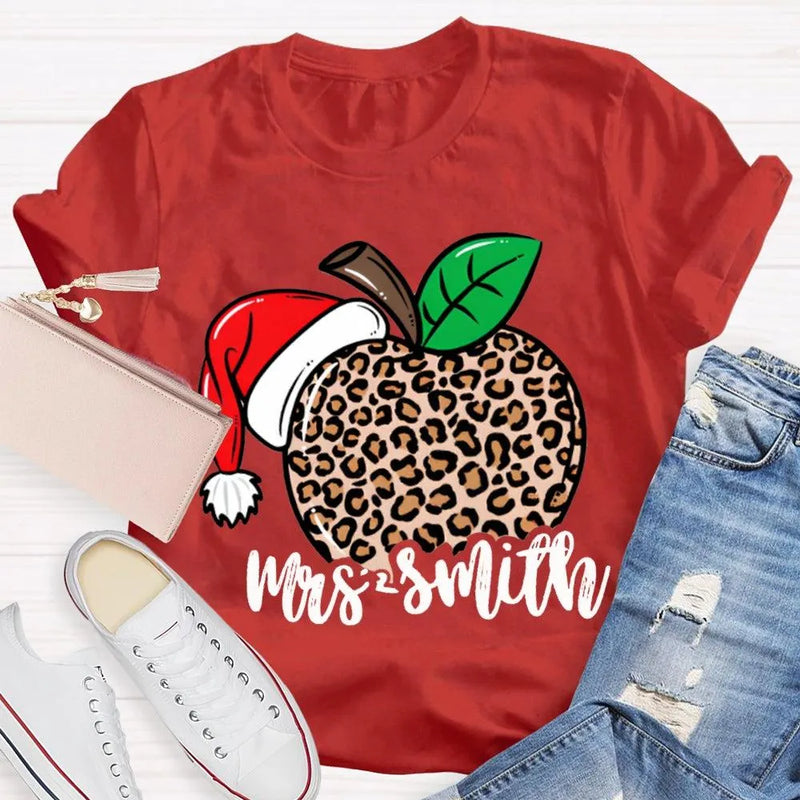 Custom Name Christmas T-Shirt, Personalized Leopard Santa Hat Shirt, Festive Holiday Graphic Tee, Comfy Xmas Present for Her, Adorable Top