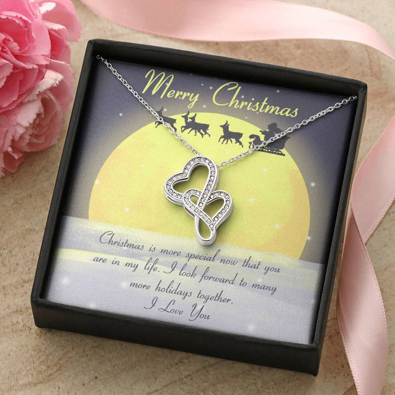 Interlocking CZ Heart Pendant, Double Hearts Necklace for Girlfriend, 14K White Gold Finish Jewelry, Romantic Christmas Present, Love Keepsake