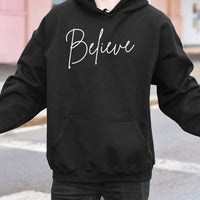 Minimalist Cursive Holiday Script Sweatshirt, Believe Christmas Hoodie, Winter Festive Polar Express Pullover, Comfy Xmas Hooded Apparel