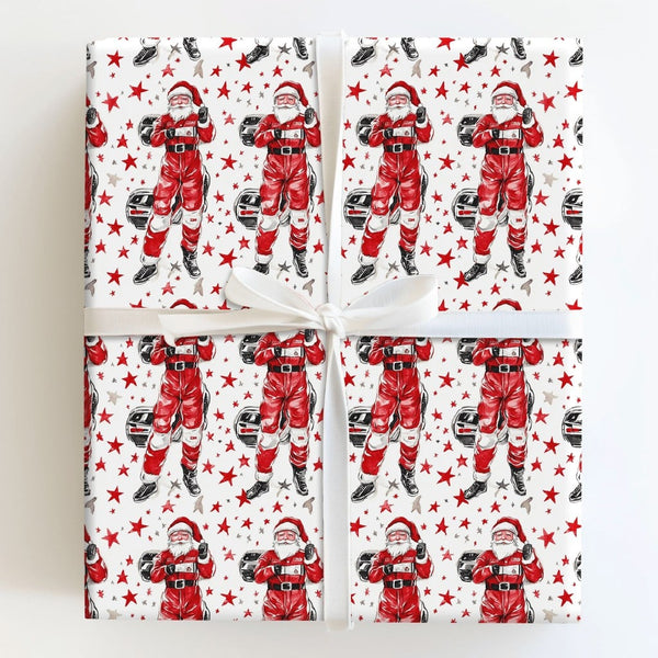 Motorsports Christmas Gift Wrap, Santa Race Car Driver Wrapping Paper, Racing Driver Holiday Gift Wrap, Humorous Christmas Wr