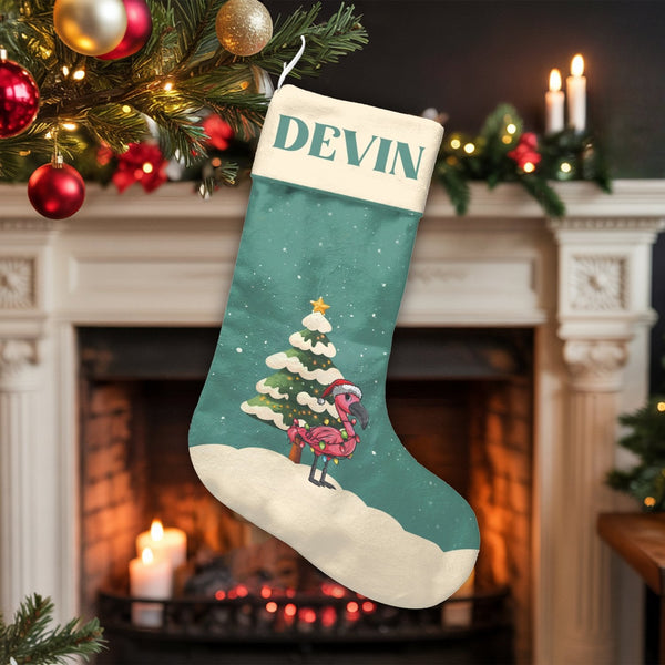 Tropical Bird Holiday Stocking, Pink Flamingo Christmas Stocking, Personalized Christmas Stocking, Coastal Fireplace Mantel D