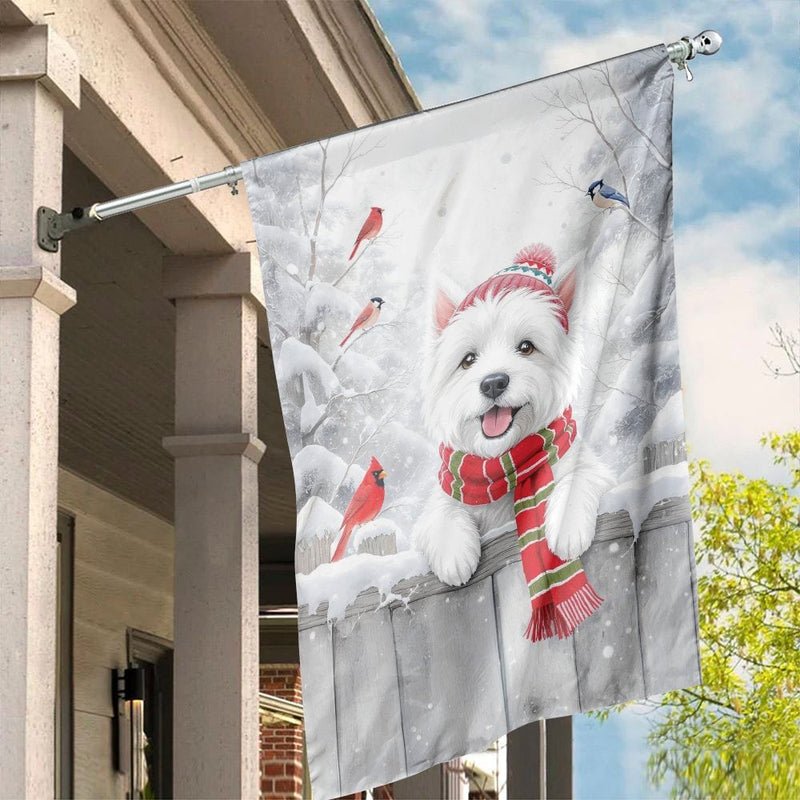 Winter Cardinal House Flag, Westie Dog House Flag, Christmas Dog House Flag, Snow Scene Garden Flag, Dog Lover Holiday Yard Banner