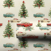 Retro 1950s Holiday Gift Wrap, Vintage Car Christmas Wrapping Paper, Classic Car Tree Wrapping Paper
