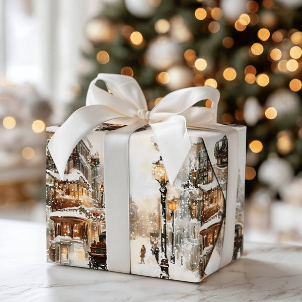 Horse Carriage Winter Gift Wrap, Victorian Street Christmas Wrapping Paper, Snowy City Watercolor Holiday Wrapping Paper, Ret