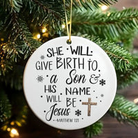 Religious Bible Verse Christmas Ornament, Matthew 1:21 Scripture Ceramic Ornament, Christian Holiday Tree Ornament, Faith Family Present