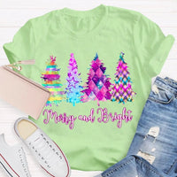 Colorful Tie-Dye Holiday T-Shirt, Merry and Bright Christmas Tree Shirt, Retro Christmas Graphic Tee, Festive Holiday Season Shirt