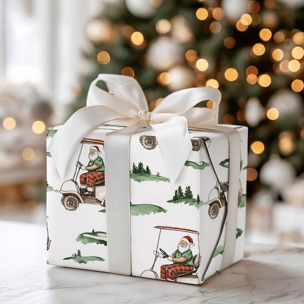 Watercolor Golf Cart Christmas Gift Wrap, Golfing Santa Wrapping Paper, Golfer Dad Holiday Wrapping Paper, Sports Fan Wrappin