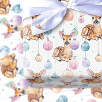 Baby Deer Christmas Gift Wrap, Watercolor Fawn Wrapping Paper, Pastel Baubles Holiday Present Paper, Whimsical Winter Wrap Roll