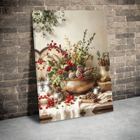 Winter Red Berry Still Life Canvas Print, Rustic Christmas Pinecone Canvas Art, Farmhouse Holiday Wall Art, Festive Seasonal Canvas Decor
