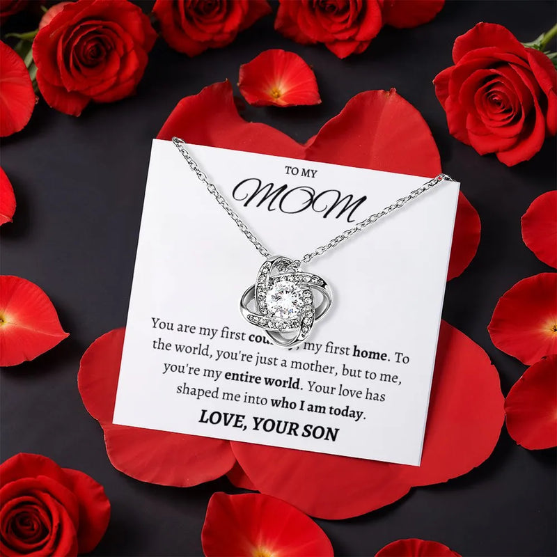 14k White Gold Rotating Rose Gift Box Jewelry, Love Knot Necklace for Mom, CZ Crystal Pendant Necklace, Birthday Christmas Present from Son