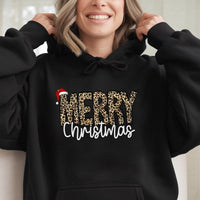 Leopard Santa Hat Hooded Sweatshirt, Merry Christmas Hoodie, Comfy Winter Holiday Pullover, Festive Graphic Hoodie, Xmas Present for Women