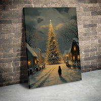 Snowy Winter Night Canvas Print, Christmas Tree Village Canvas Wall Art, Vintage Holiday Oil Painting Wall Decor, Nostalgic Xmas Canvas