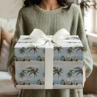 Coastal Holiday Gift Wrap, Snowy Palm Tree Christmas Wrapping Paper, Beach House Winter Wrapping Paper, Tropical Festive Present Wrap Roll