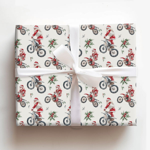 Dirt Bike Santa Claus Gift Wrap, Motocross Santa Christmas Wrapping Paper, Biker Holiday Wrapping Paper, Motorcycle Christmas