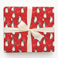 Red Snowy Holiday Gift Wrap, Watercolor Penguin Christmas Wrapping Paper, Adorable Winter Animal Wrapping Paper, Festive Birthday Gift Wrap