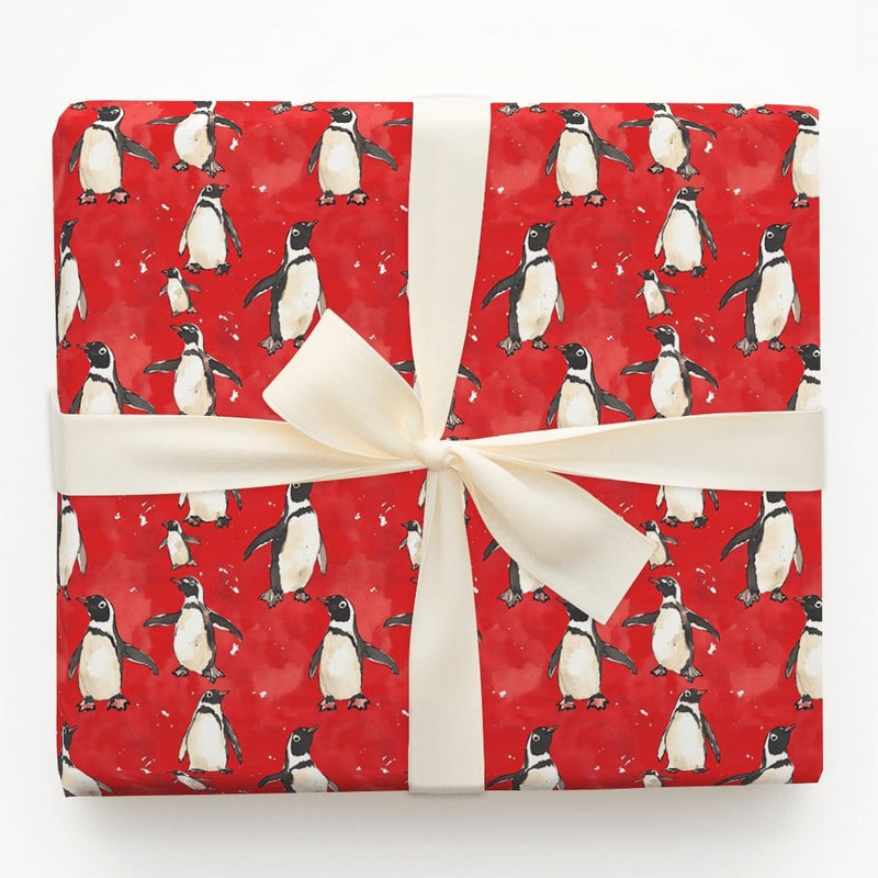 Red Snowy Holiday Gift Wrap, Watercolor Penguin Christmas Wrapping Paper, Adorable Winter Animal Wrapping Paper, Festive Birthday Gift Wrap