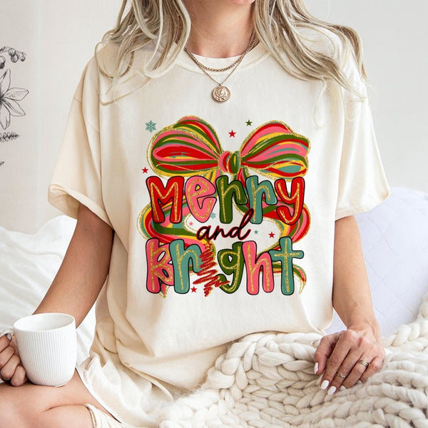 Preppy Coquette Christmas Shirt, Merry and Bright Christmas T-Shirt, Retro Holiday Graphic Tee, Adorable Festive Christmas T-