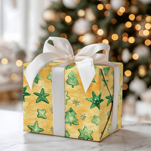 Golden Stars Holiday Gift Wrap, Watercolor Green Tree Christmas Wrapping Paper, Festive Forest Winter Wrapping Paper, Xmas Gi