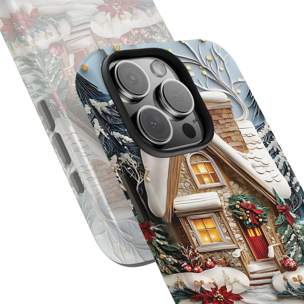 Snowy Winter Cabin Poinsettia iPhone Phone Case, Christmas Cottage Phone Case iPhone, 3D Holiday Tough Phone Cover, Xmas Pres