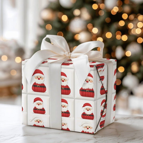 Buffalo Plaid Santa Claus Gift Wrap, Cartoon Santa Wrapping Paper, Adorable Santa Grid Christmas Wrapping Paper, Holiday Gift