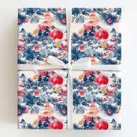 Asian Pagoda Holiday Gift Wrap, Chinoiserie Christmas Wrapping Paper, Fu Character Wrapping Paper, Winter Pine Tree Holiday Wrapping Paper