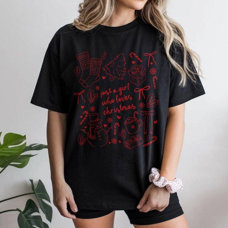 Coquette Christmas Tee, Just a Girl Who Loves Christmas T-Shirt, Adorable Girly Holiday Graphic Shirt, Christmas Aesthetic Present for Her