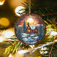 Stained Glass Winter Cabin Ornament, Winter Cabin Christmas Ornament, Ceramic Holiday Tree Ornament, Rustic Xmas Keepsake, Winter Present