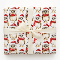 Watercolor Winter Owl Gift Wrap, Christmas Owl Wrapping Paper, Santa Hat Woodland Owl Wrapping Paper, Festive Holiday Bird Gift Wrap Roll