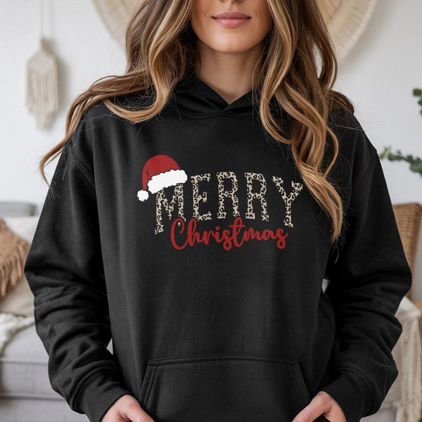 Leopard Santa Hat Christmas Hoodie, Merry Christmas Hoodie, Festive Holiday Hooded Sweatshirt, Leopard Print Xmas Hoodie, Pre