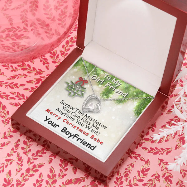 14K White Gold CZ Heart Pendant, Mistletoe Message Forever Love Heart Necklace, Romantic Christmas Holiday Jewelry, Girlfrien