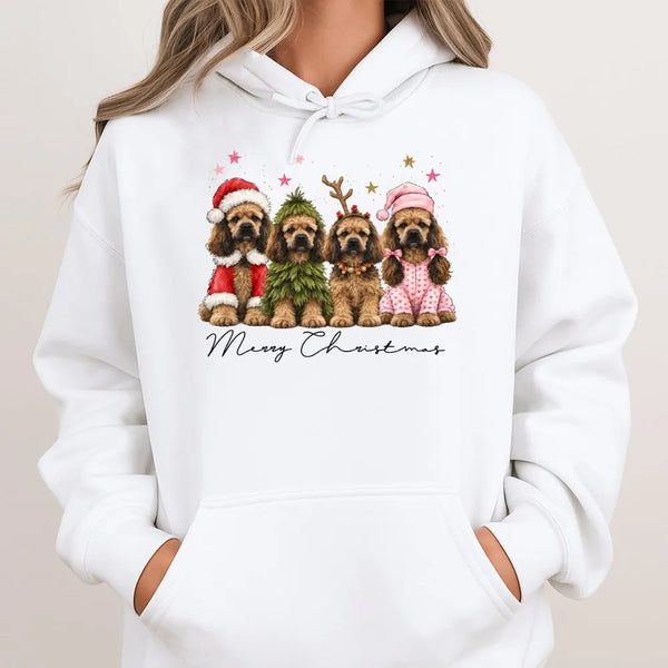 Merry Christmas Dog Hooded Sweatshirt, Cocker Spaniel Christmas Hoodie, Vintage Dog Mom Holiday Hoodie, Festive Xmas Dog Love
