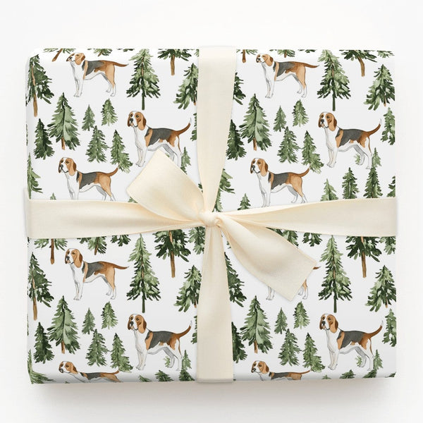 Watercolor Dog Gift Wrap, Beagle Wrapping Paper, Pine Tree Holiday Wrapping Paper, Woodland Puppy Present Paper, Dog Lover Ch