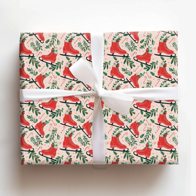 Candy Cane Holiday Gift Wrap, Retro Red Ice Skates Wrapping Paper, Christmas Foliage Wrapping Paper, Pink Winter Holiday Present Wrap Roll
