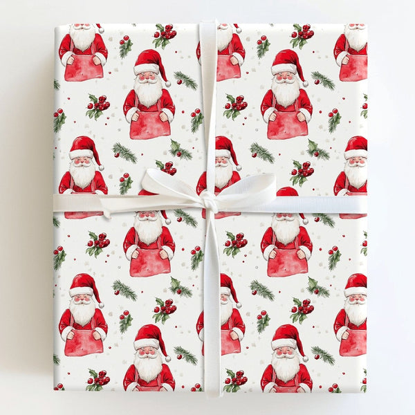Festive Holly Pine Gift Wrap, Watercolor Santa Wrapping Paper, Christmas Santa Wrapping Paper, Holiday Workshop Apron Santa P