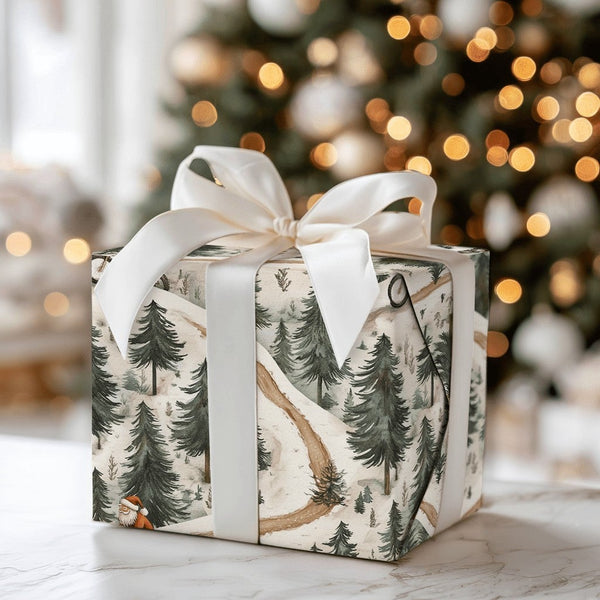 MTB Christmas Gift Wrap, Mountain Biking Santa Wrapping Paper, Snowy Forest Bike Holiday Wrapping Paper, Winter Sports Santa 