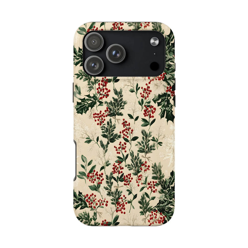 Botanical Red Berry Holiday Phone Case, Vintage Christmas Holly iPhone Case, Dual Layer Winter Phone Cover, Festive Xmas iPhone Present