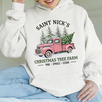 Vintage Pink Truck Hoodie, Saint Nicks Christmas Tree Farm Hoodie, Retro Holiday Hoodie, Tree Farm Pullover, Comfy Winter Hooded Sweatshirt